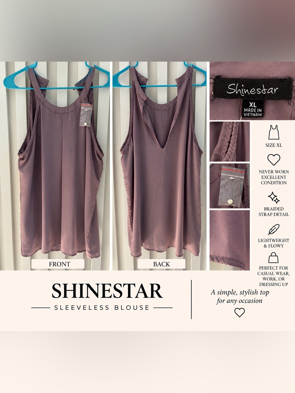 Shinestar Dusty Mauve Sleeveless Chiffon V-Neck Blouse with Braided Straps